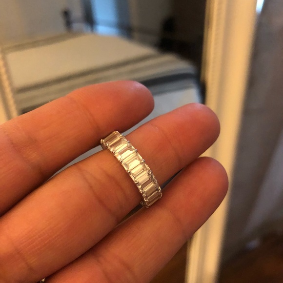 Emerald Diamond White Gold Plated Band Ring - Picture 10 of 10